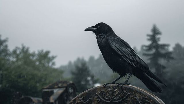 Moody Raven in Rain on Ornate Grave Marker in Cemetery