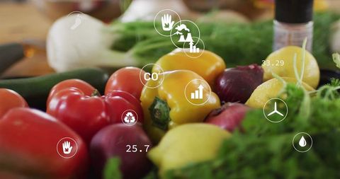 Sustainable fresh vegetables with eco icons on wooden kitchen counter