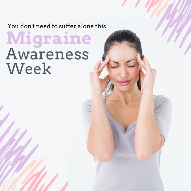 Image of migraine awareness week over white background and caucasian woman having headache. Health, wellbeing and migraine awareness concept.