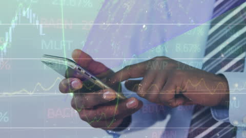 Businessman Using Smartphone with Digital Stock Market Interface