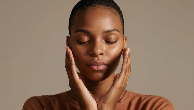 African American woman touching face, radiating calm skincare and self care portrait
