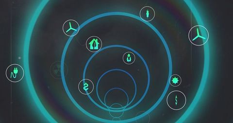 Displaying concentric teal hud rings showing renewable energy, recycling and finance icons