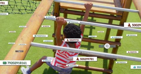 Child climbing playground ladder gripping metal rungs with ar overlays and digital labels