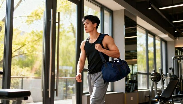 Fit asian man entering modern gym carrying navy duffel bag ready for strength training