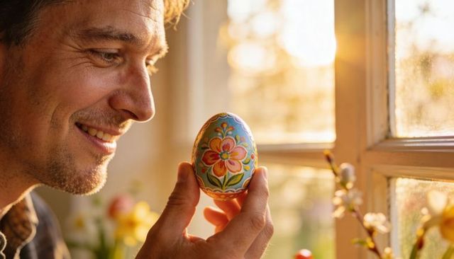 Man admiring hand-painted floral easter egg at sunlit window in cozy golden hour light