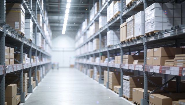 Warehouse aisle stretching toward distant doorway, metal racks holding stacked boxes and pallets