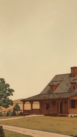 Panning Right Over Rustic Wooden Cabin and Dirt Path on Quiet Countryside Farm