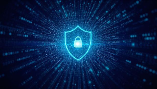 Neon Shield with Padlock Amidst Streaming Binary Code Symbolizing Digital Security