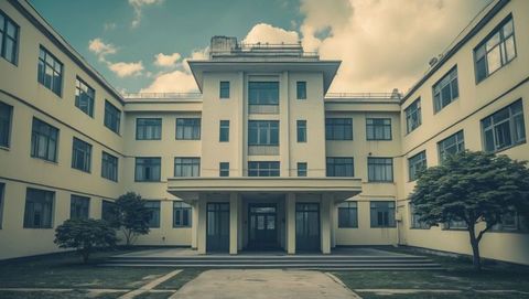 Symmetrical institutional building facade with entrance canopy