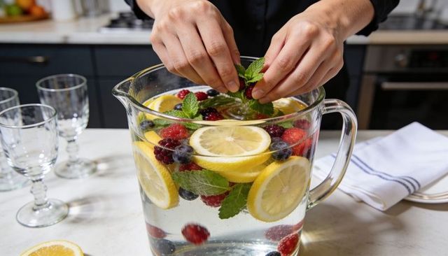 Hands placing mint into lemon berry infused water pitcher on kitchen counter with sliced citrus