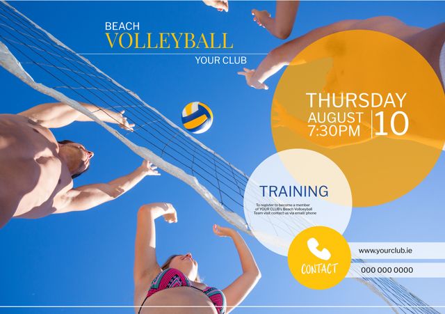 Highlight energetic, outdoor activities with this vibrant beach volleyball shot. Perfect for sports promotions, summer event advertisements, and recreational club marketing materials. Great visual for flyers, social media posts, and club membership campaigns.