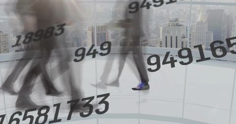 Blurred businesspeople walking on rooftop with numeric data overlay and city skyline