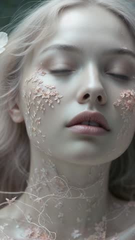 Ethereal model opening eyes in forest glade with pastel petals, vertical slow-motion video