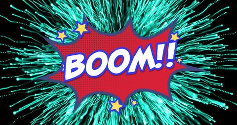 Comic book style 'boom' text with fireworks background