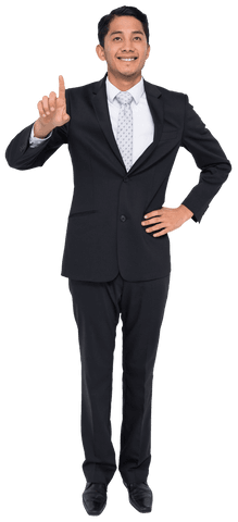 Happy businessman pointing with confident smile on transparent background
