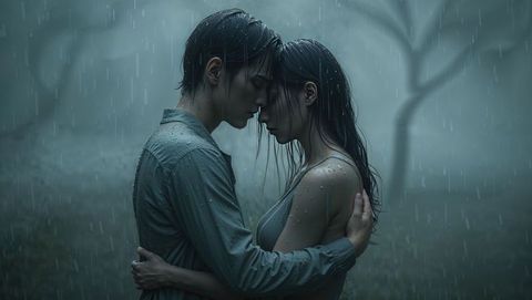 Romantic embrace in rain-soaked mystical forest symbolizing forgiveness