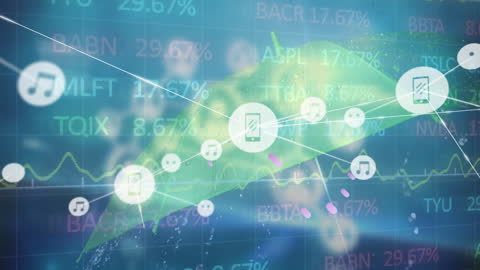 Digital Network with Floating Icons and Data Connections