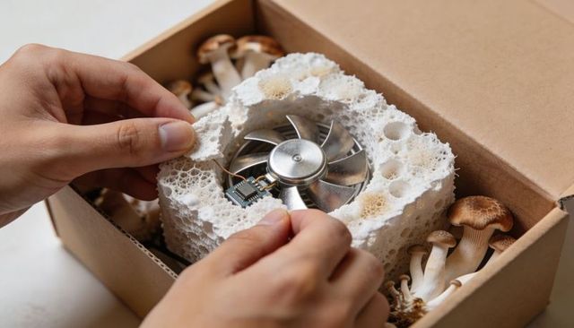 Peeling foam revealing cooling fan circuit nestling with mushrooms in eco packaging