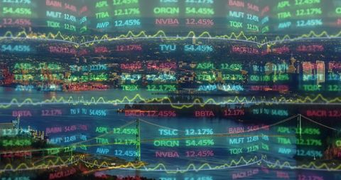 Digital Stock Market Data Overlaying Cityscape