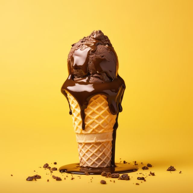 A tempting visual of a chocolate ice cream cone dripping with molten chocolate and choco chips, set against a vibrant yellow background. This colorful and appetizing shot evokes enjoyment and indulgence, making it ideal for use in food blogs, social media posts, dessert shop advertisements, or summer-themed promotional materials.