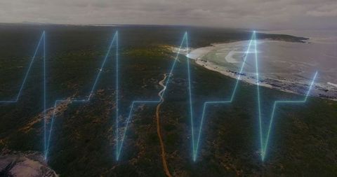 Neon ecg waveform over coastal landscape drone view