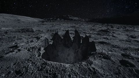 Jagged crown structure emerging from lunar crater under starry sky, surreal extraterrestrial landsca