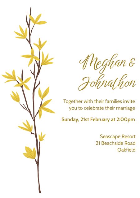 This wedding invitation features a refined and minimalistic design with delicate yellow florals on a white background. Ideal for printing or digital use, it invites guests with inclusive details for an upcoming wedding event. Perfect for couples looking to add a touch of elegance to their wedding announcements, this template is suitable for various wedding themes and styles.