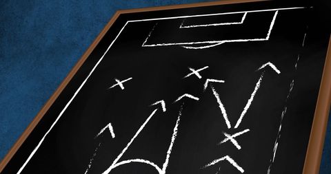 Chalkboard soccer game plan with arrows and x's