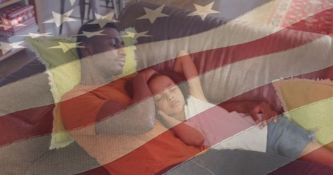 Father and Daughter Resting with USA Flag Overlay