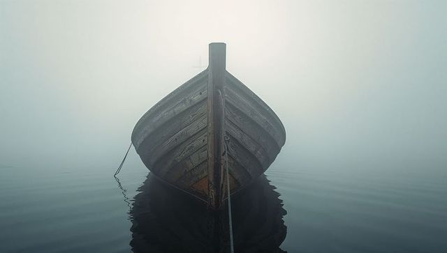 Weathered wooden boat drifting on foggy tranquil lake