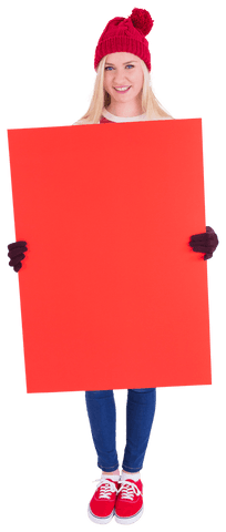 smiling blonde holding large red poster transparent background - Download Free Stock Videos Pikwizard.com