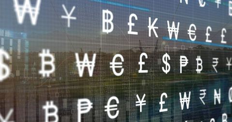 Global Currency Symbols Overlay with Cityscape Background - Download Free Stock Images Pikwizard.com