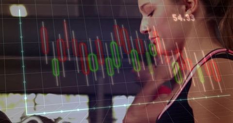 Female Athlete on Treadmill with Candlestick Chart Overlay
