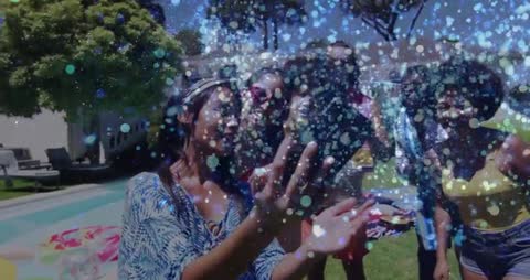 Group Enjoying Poolside Selfie with Fun Overlay Effects