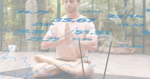 Man practicing mindful meditation on sunroom mat with incense and nature overlays