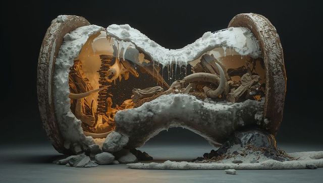 Enigmatic hourglass sculpture with industrial and dystopian textures