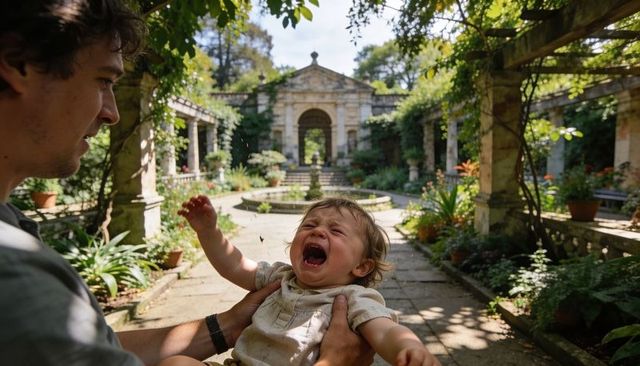 Man holding crying toddler in sunlit classical garden courtyard with fountain and arches