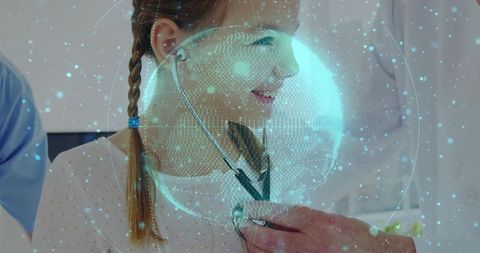 Doctor examining young girl with holographic world overlay
