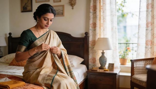 Indian woman adjusting silk saree pleats while sitting on bed in warm traditional bedroom