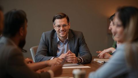 Smiling business executive leaning forward, engaging team in boardroom meeting