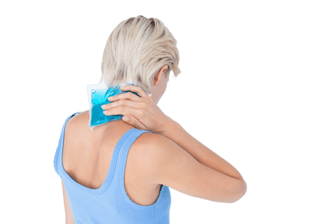 Blonde woman applying transparent gel pack to neck pain