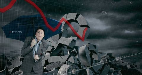 Businesswoman Holding Umbrella Under Falling Market Graph - Download Free Stock Images Pikwizard.com