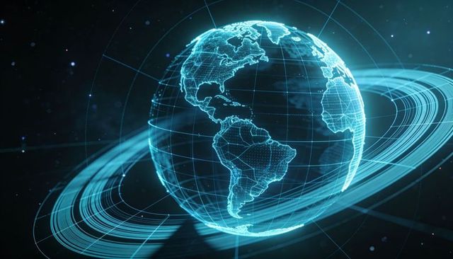 Rotating holographic wireframe globe showing americas with orbital data rings and grid