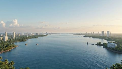 Serene aerial view of coastal city along bay of bengal with river channel