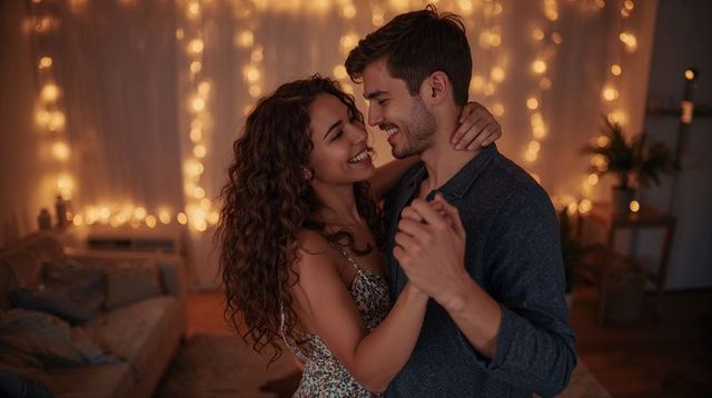 Couple dancing intimately at home under warm string lights, romantic cozy evening