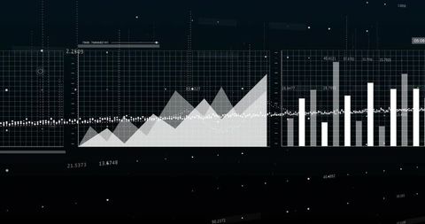 Monochrome Data Dashboard Displaying Layered Area Peaks, Dotted Baseline and Bar Charts