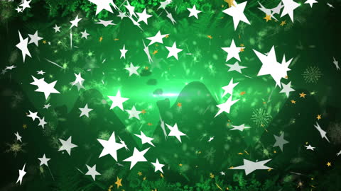 Green Festive Background with Floating Stars and Confetti