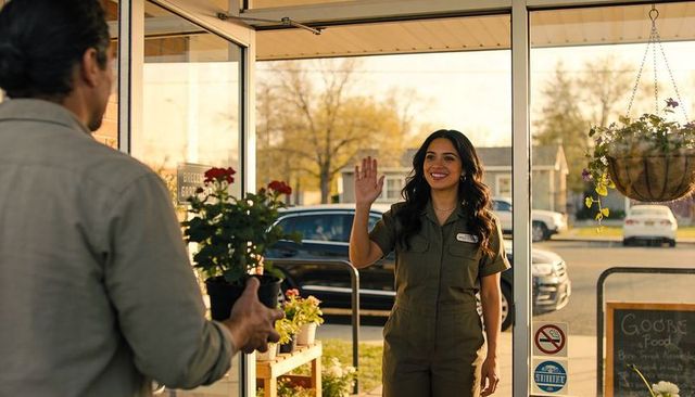 Waving smiling young female employee in olive jumpsuit greeting customer with potted plant