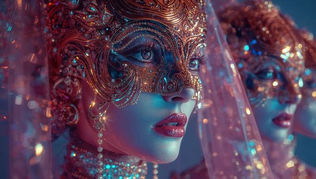 Glamorous masked elegance with ornate gold details and bokeh lights
