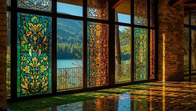 Stained Glass Reflections in Rustic Lake Lodge Interior